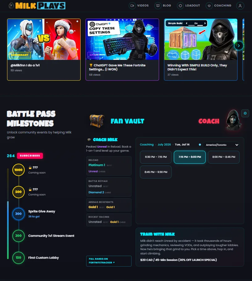 milkplays.com — coaching booking calendar
