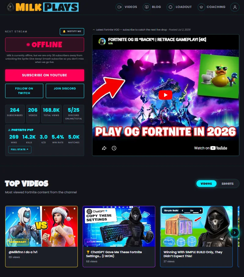 milkplays.com — live YouTube, Twitch and Discord integrations with community milestones